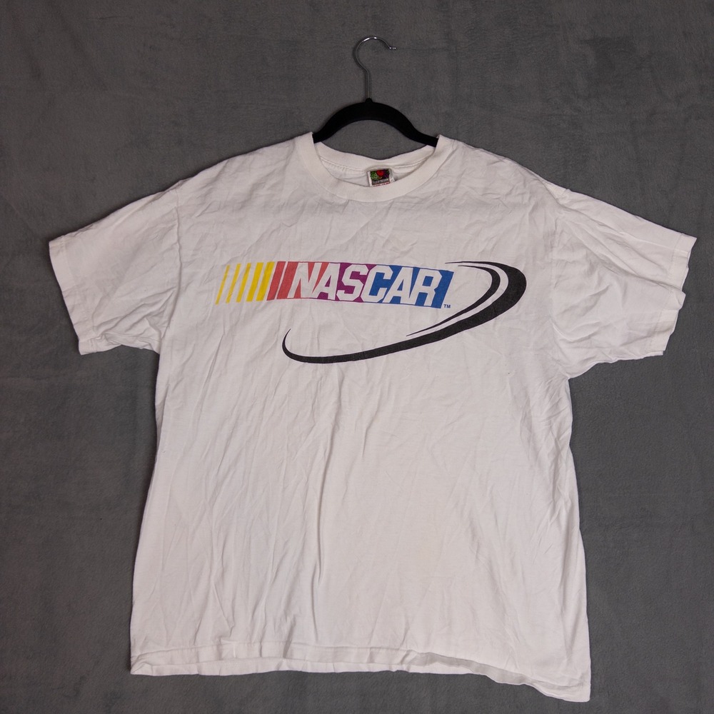 Fruit of the Loom NASCAR T-Shirt Mens XL White Good Vintage Racing 3M Graphic